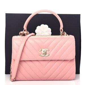Authentic CHANEL Trendy Chevron Lambskin Quilted Dual Handle Flap Bag Pink Tote